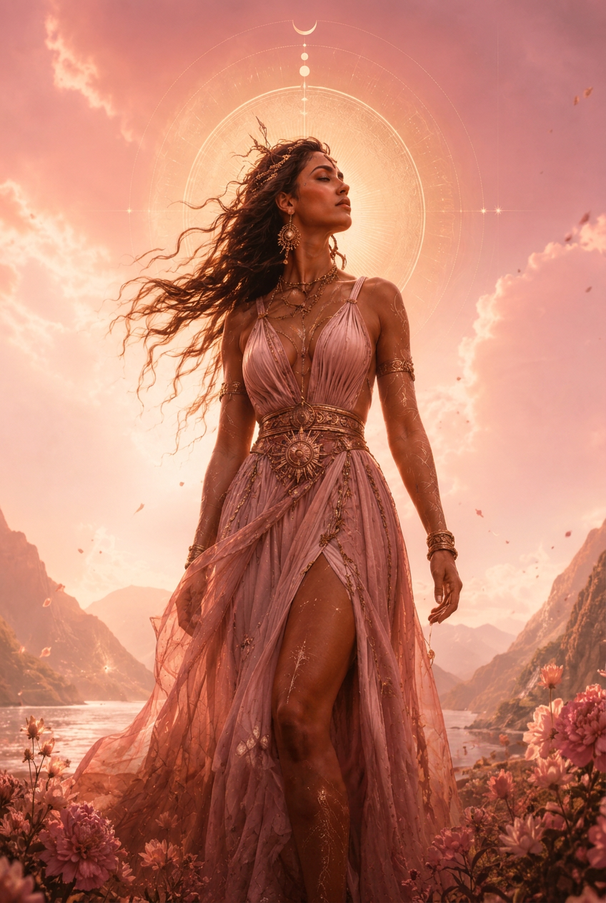Woman in an elegant goddess dress with golden accessories against a rose-gold sky